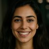 Woman smiling with natural makeup in portrait photo