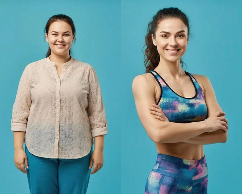Two women smiling in workout clothes in front of turquoise wall